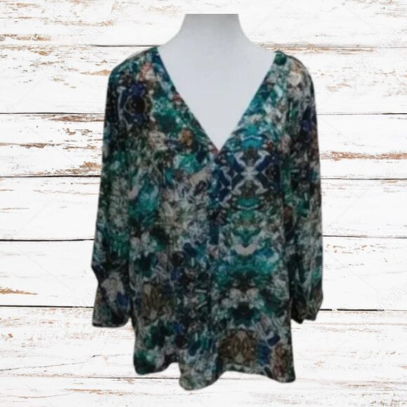 Zara basic v-neck 3/4 tab sleeves green blue blouse shirt tunic XL - Picture 1 of 14